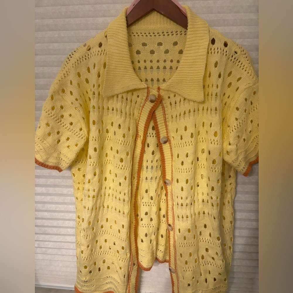 Yellow Crochet Cardigan with Orange Trim